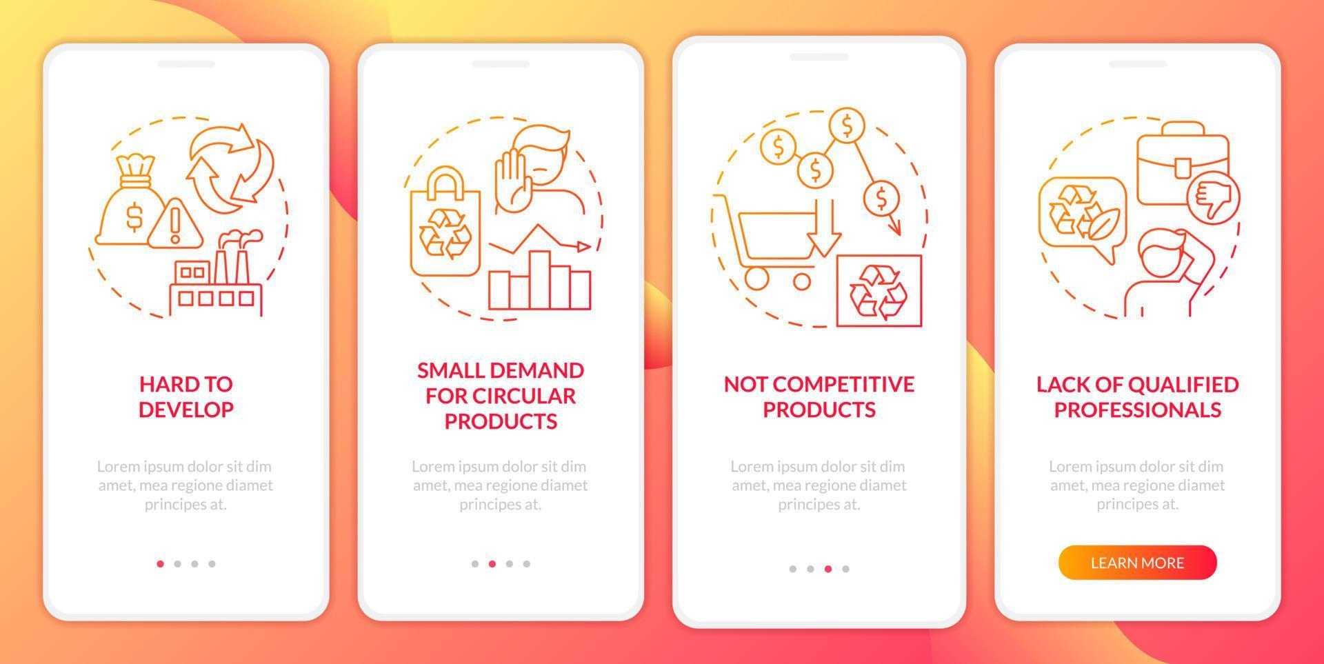 cirkulär ekonomi hindrar röd lutning på mobilappskärmen. genomgång 4-stegs grafiska instruktionerssidor med linjära koncept. ui, ux, gui mall. vektor