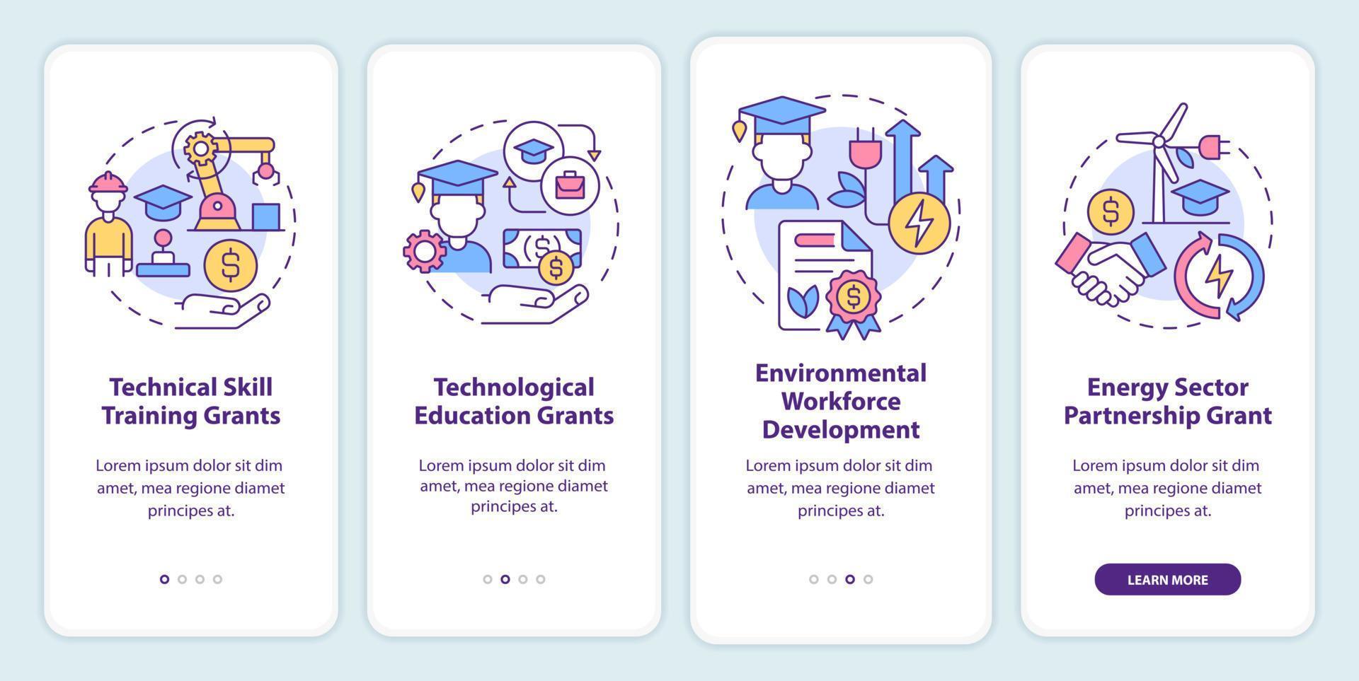 federala anslag för teknisk utbildning på mobilappskärmen. branschgenomgång 4-stegs grafiska instruktionerssidor med linjära koncept. ui, ux, gui mall. vektor