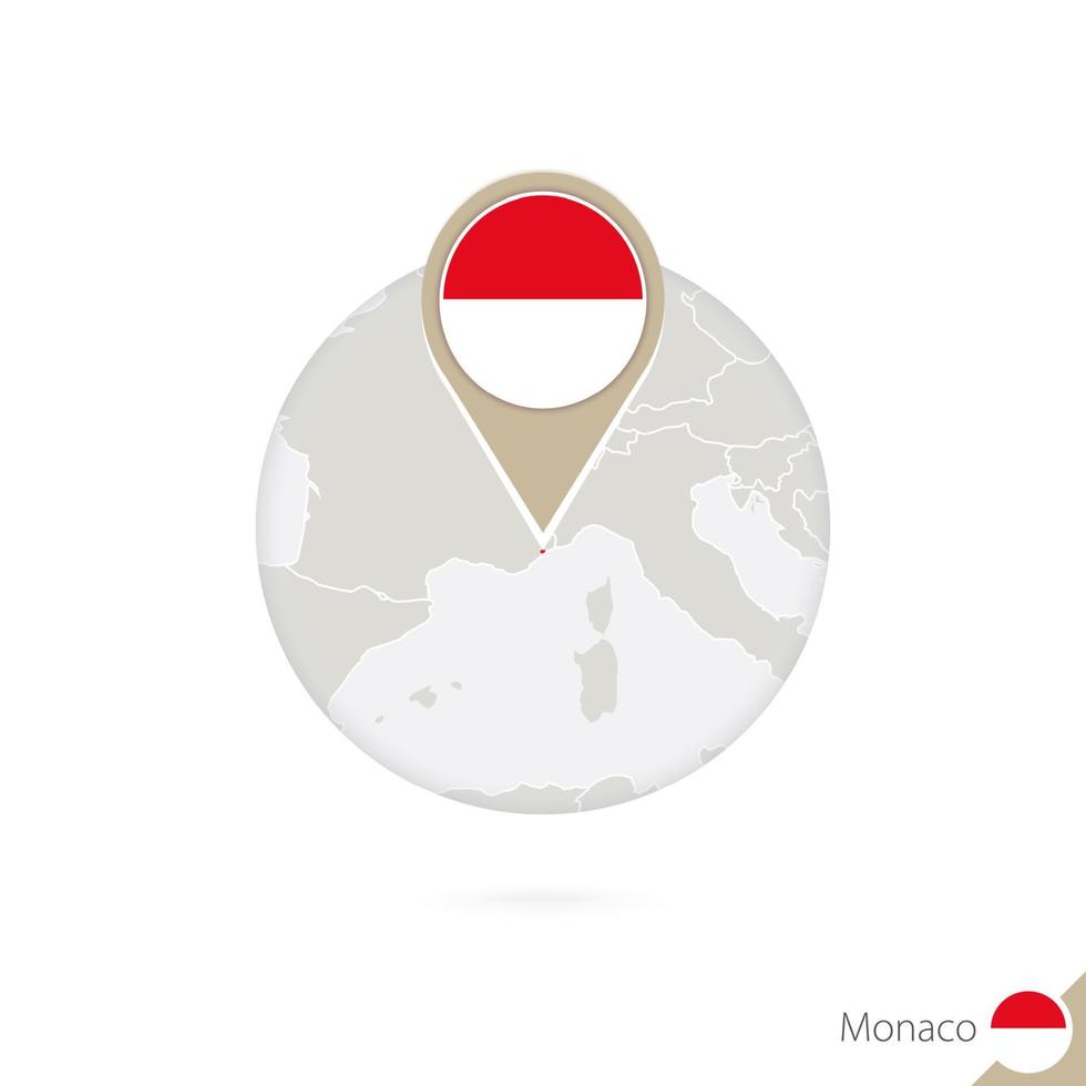 Monaco-Karte und Flagge im Kreis. Karte von Monaco, Flaggenstift von Monaco. Karte von Monaco im Stil des Globus. vektor
