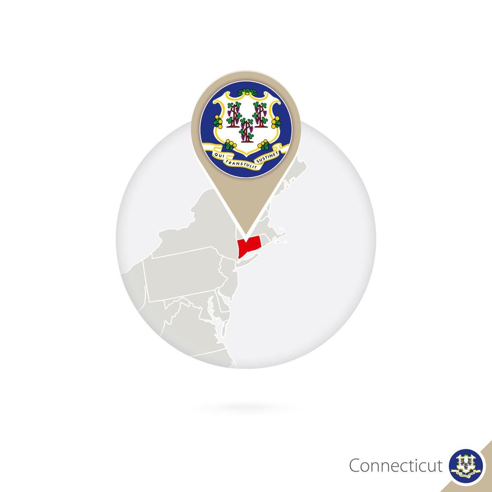 Connecticut US-Staatskarte und Flagge im Kreis. Karte von Connecticut, Fahnennadel von Connecticut. Karte von Connecticut im Stil des Globus. vektor