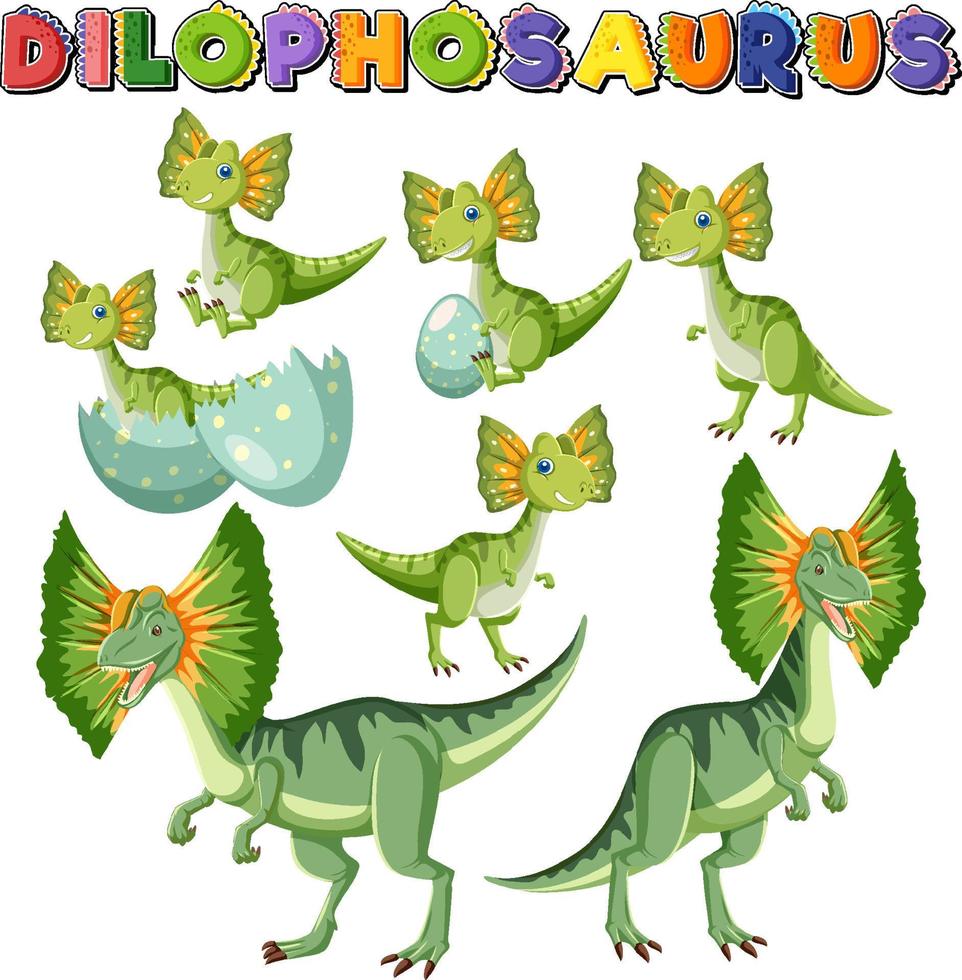Dilophosaurus-Wortlogo mit Dinosaurier-Cartoon-Set vektor