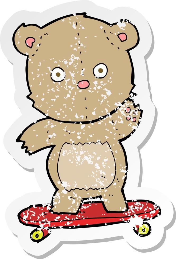 Retro beunruhigter Aufkleber eines Cartoon-Teddybären auf Skateboard vektor