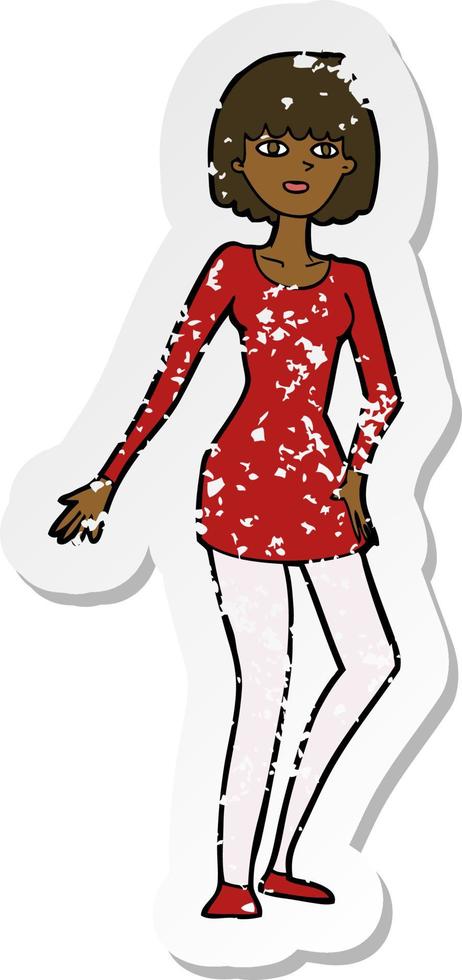 Retro-Distressed-Aufkleber einer Cartoon-Frau im Kleid vektor