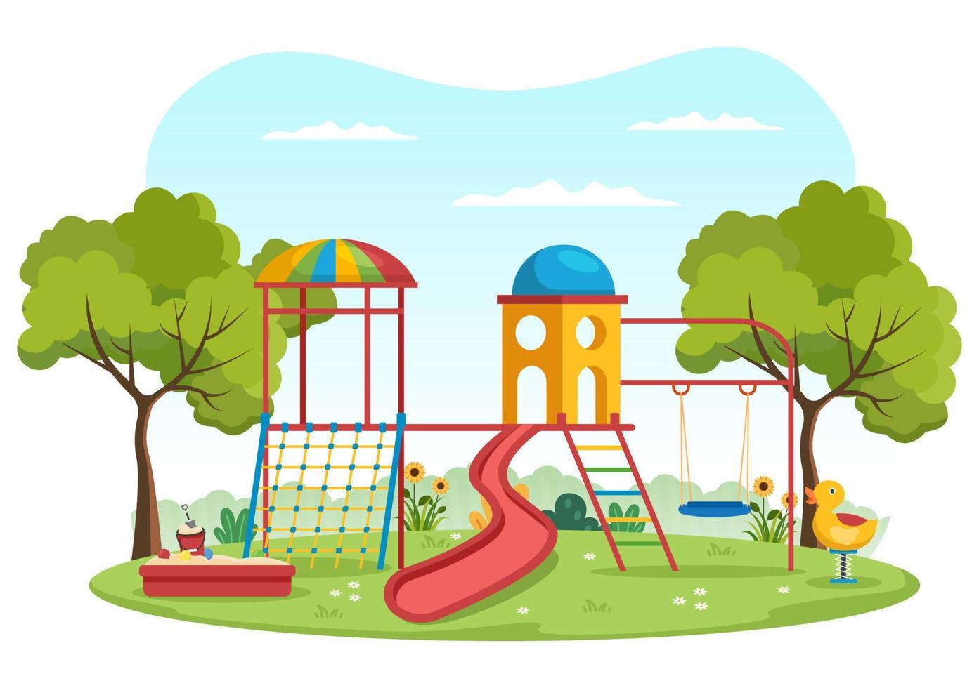 kinderspielplatz mit schaukeln, rutsche, kletterleitern und mehr im vergnügungspark, damit die kleinen in flachen karikaturillustrationen spielen können vektor