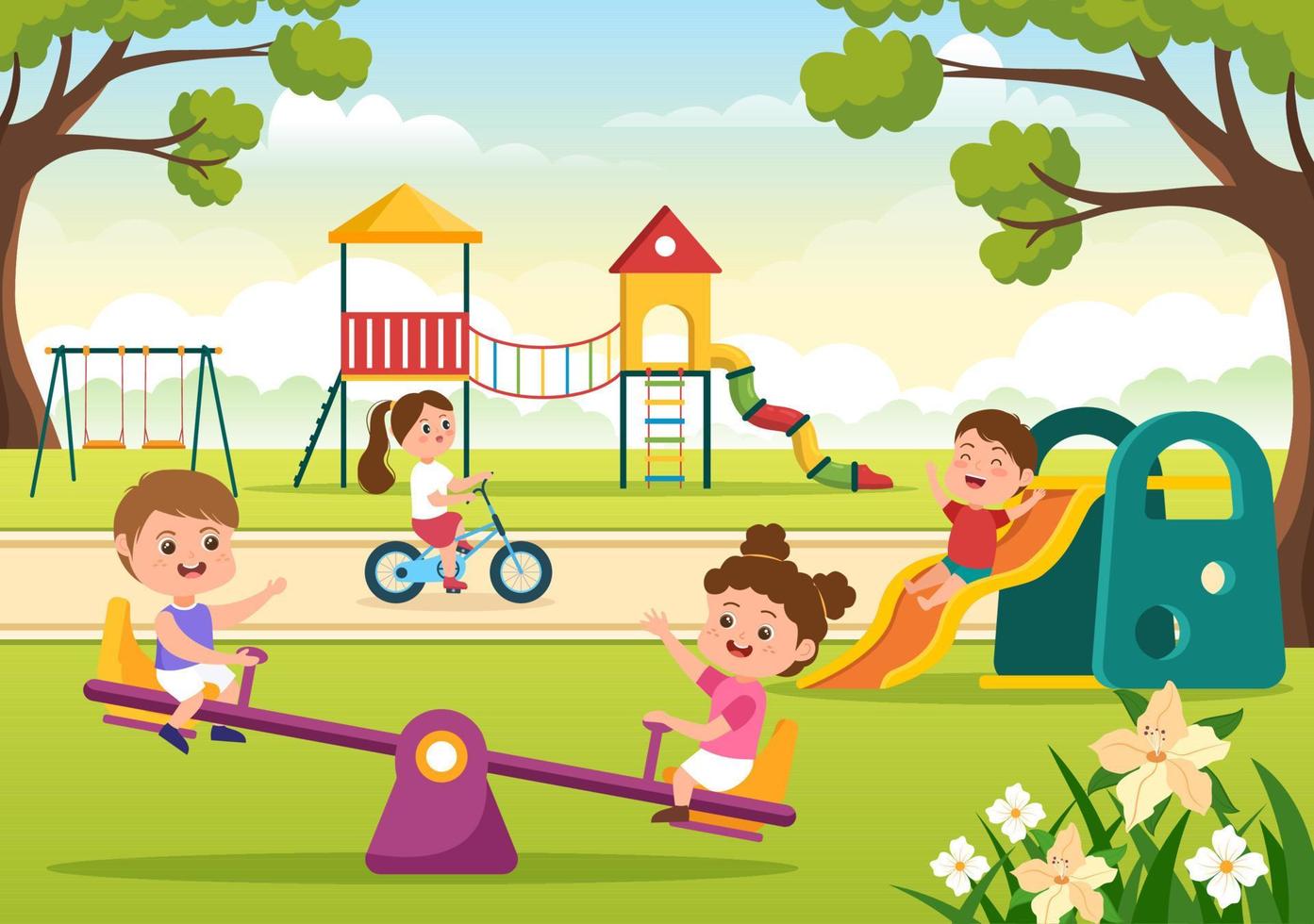 lekplats för barn med gungor, rutschkana, klätterstegar och mer i nöjesparken för små att leka i platt tecknad illustration vektor