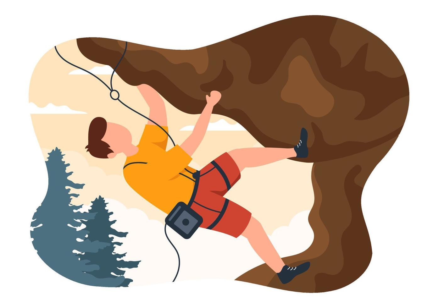 bergkletterkarikaturillustration mit kletterer klettert wand oder bergklippengebrauchsausrüstung auf einem naturlandschaftshintergrund vektor