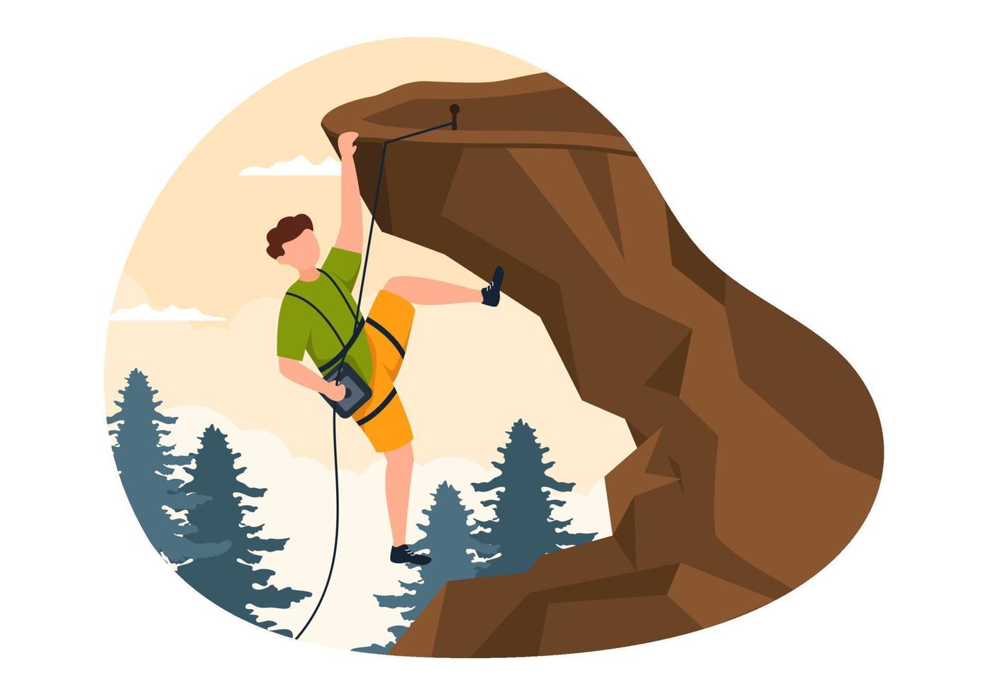 bergkletterkarikaturillustration mit kletterer klettert wand oder bergklippengebrauchsausrüstung auf einem naturlandschaftshintergrund vektor