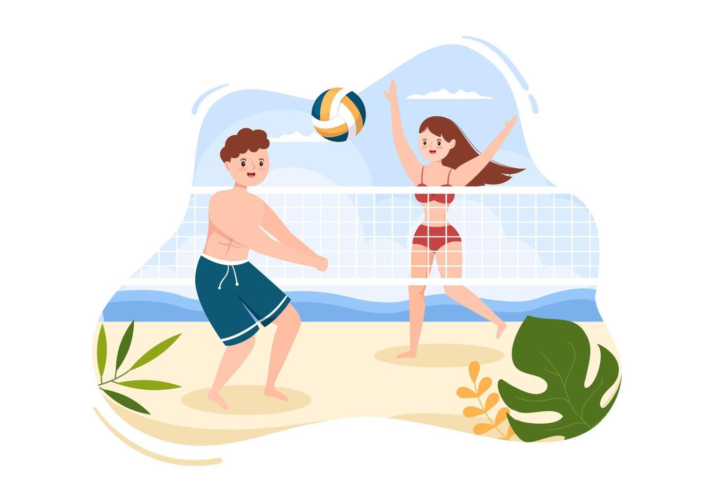 beachvolleyboll spelare på attacken för sport konkurrens serie utomhus i platt tecknad illustration vektor