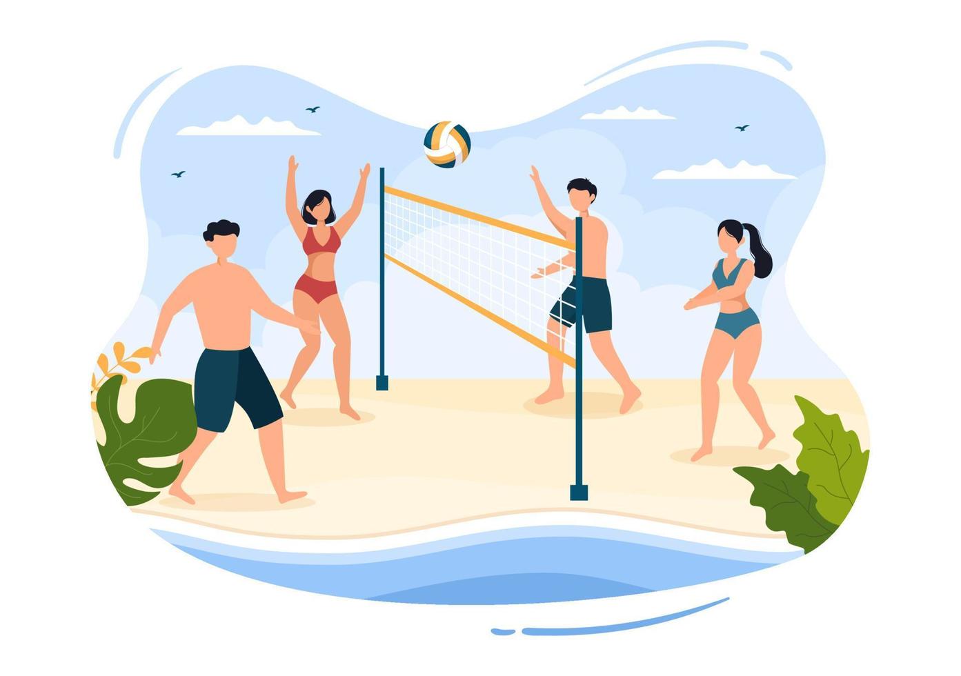 beachvolleyballspieler im angriff auf sportwettbewerbsserien im freien in flacher karikaturillustration vektor