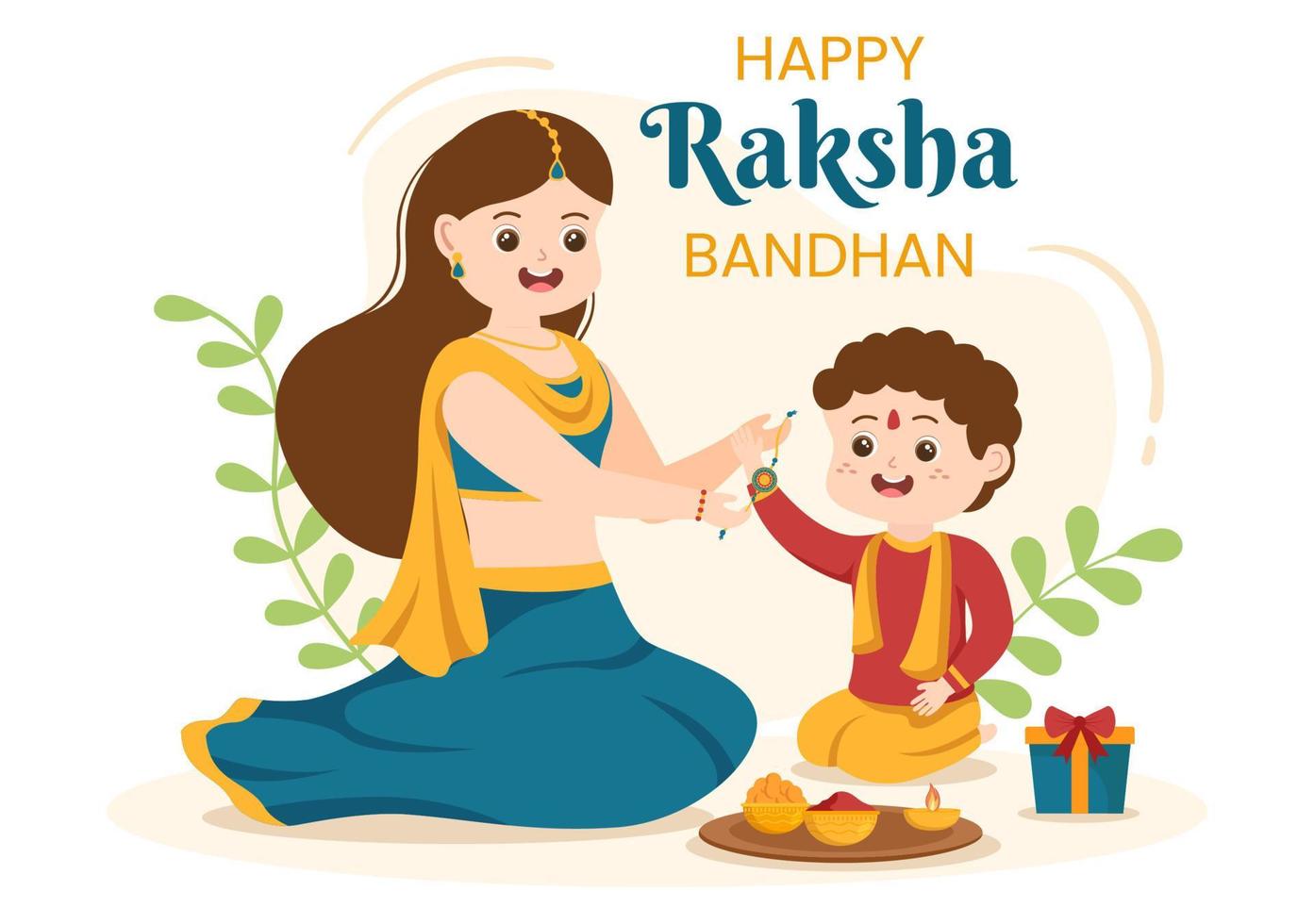 glückliche raksha bandhan cartoon illustration mit schwester, die rakhi am handgelenk ihres bruders bindet, um die bande der liebe in der indischen festfeier zu bedeuten vektor