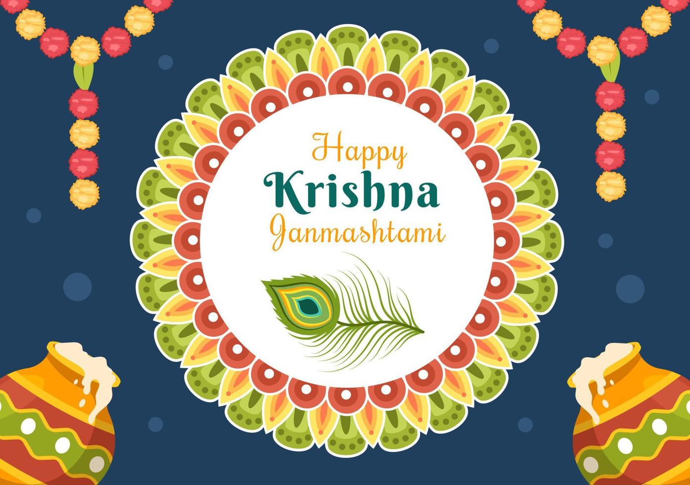 fröhliches krishna janmashtami festival von indien mit bansuri und flöte, dahi handi und pfauenfeder in flacher niedlicher karikaturhintergrundillustration vektor