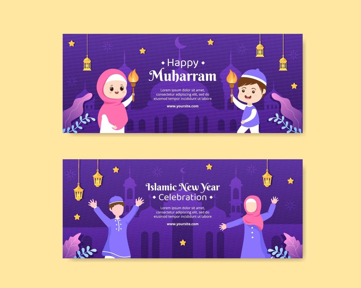 islamischer neujahrstag oder 1 muharram horizontale fahnenschablone der sozialen medien flache karikaturhintergrund-vektorillustration vektor