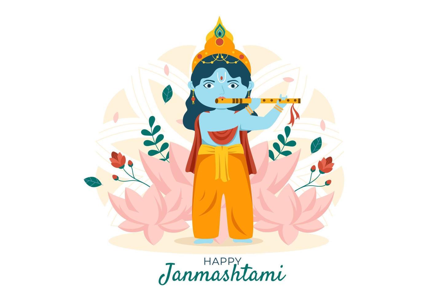 fröhliches krishna janmashtami festival von indien mit bansuri und flöte, dahi handi und pfauenfeder in flacher niedlicher karikaturhintergrundillustration vektor