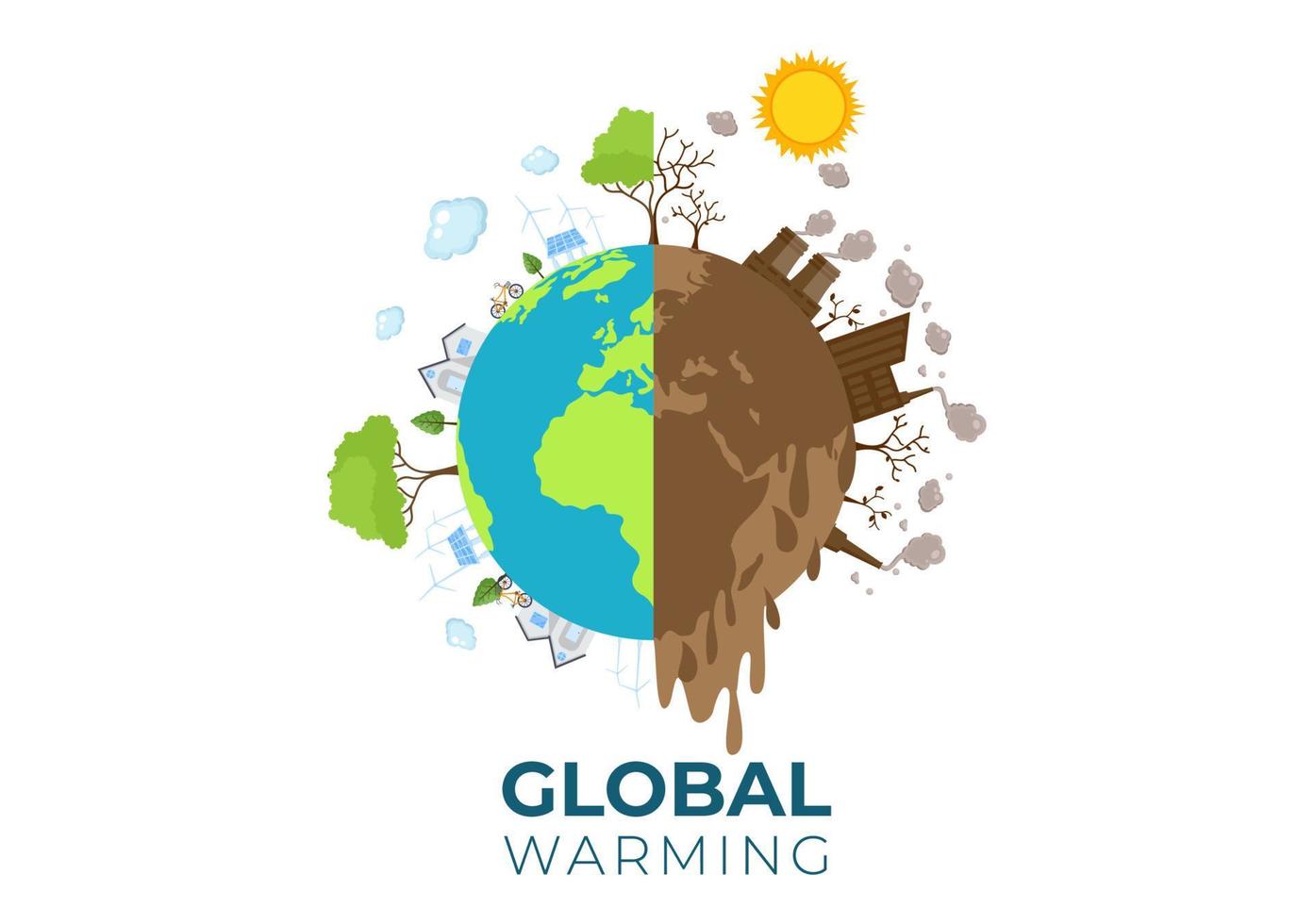global uppvärmning tecknad stilillustration med planeten jorden i ett smältande eller brinnande tillstånd och bild sol för att förhindra skador på naturen och klimatförändringar vektor