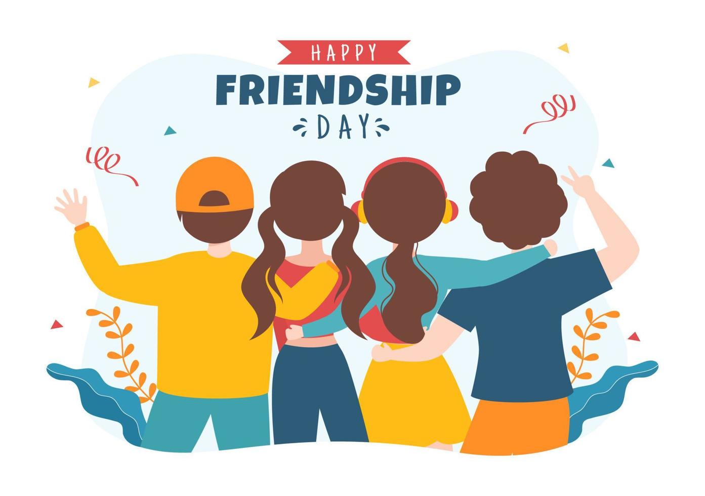 glad vänskapsdag söt tecknad illustration med unga pojkar och flickor som kramas tillsammans eller lägger händerna i platt stil vektor