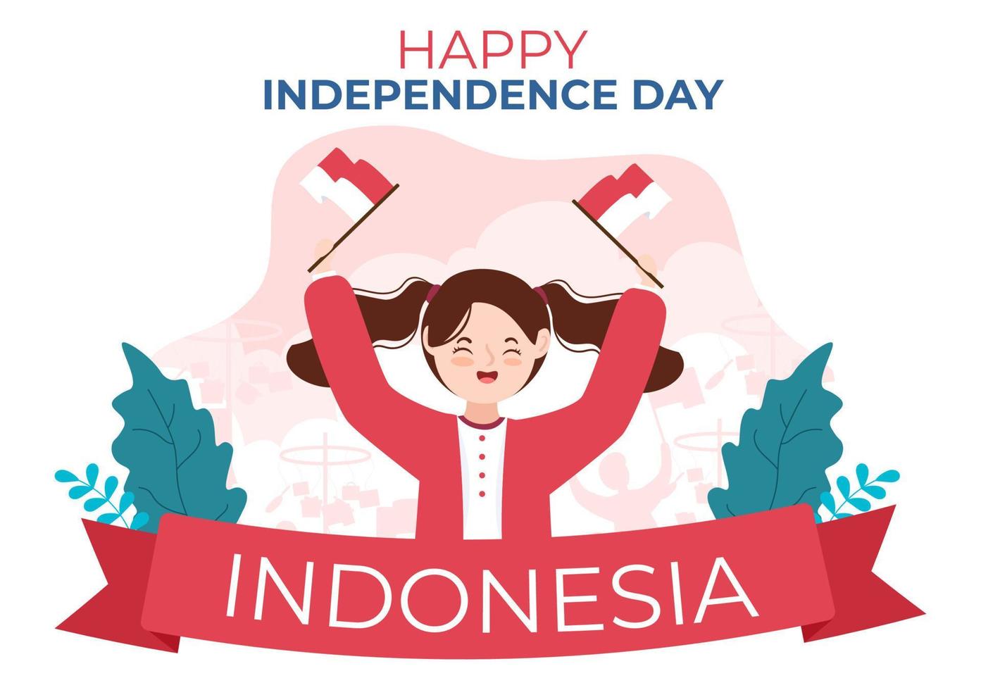 Indonesiens självständighetsdag den 17 augusti med traditionella spel, flagga röd vit och människor karaktär i platt söt tecknad bakgrundsillustration vektor