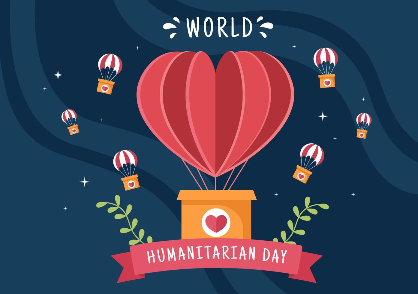 världens humanitära dag med globalt firande av att hjälpa människor, arbeta tillsammans, välgörenhet, donation och volontär i platt tecknad illustration vektor