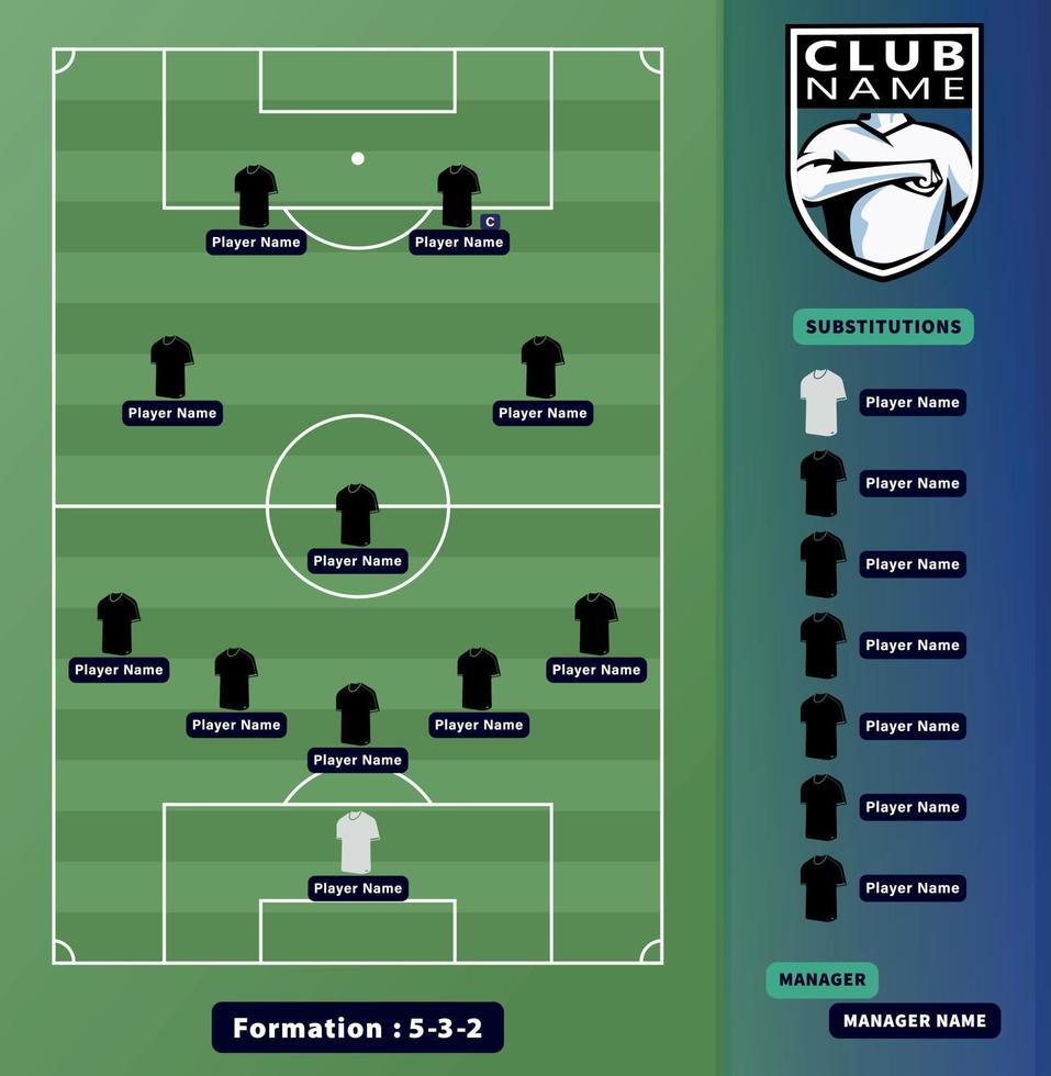 fotboll lineups, fotbollsspelare 5-3-2 formation schema på en fotbollsplan illustration. vektor