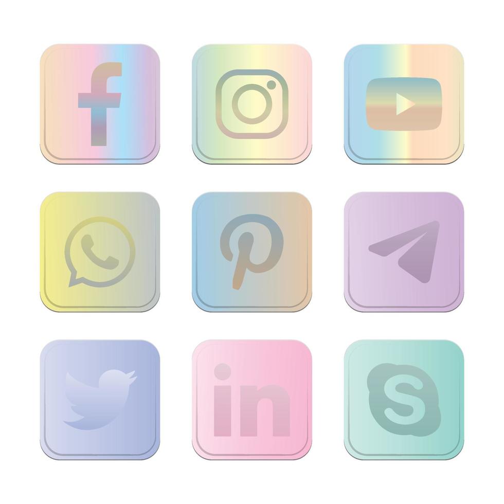 Reihe beliebter Social-Media-Logos auf Schaltflächensymbolen. pastellfarbene Farbverläufe vektor