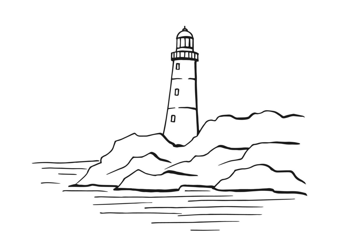 Meereslandschaft. Leuchtturm. handgezeichnete illustration in vektor umgewandelt. meer küste grafik landschaft skizze illustration vektor.