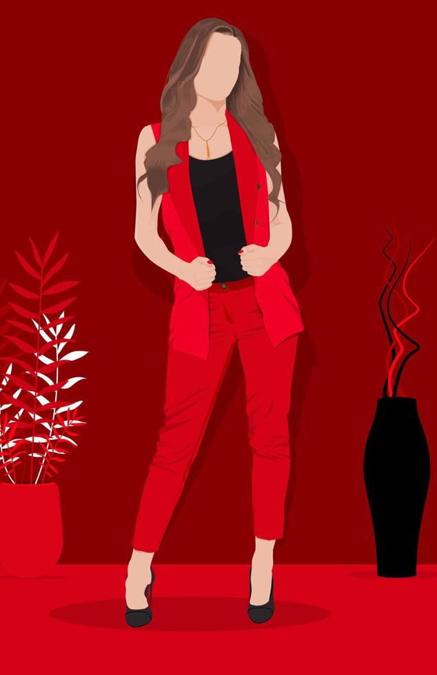 vektorillustration av en ung blond affärskvinna som bär en röd ärmlös kavaj och avslappnad outfit i en minimal bakgrund. platt kvinnlig porträttillustration. vektor