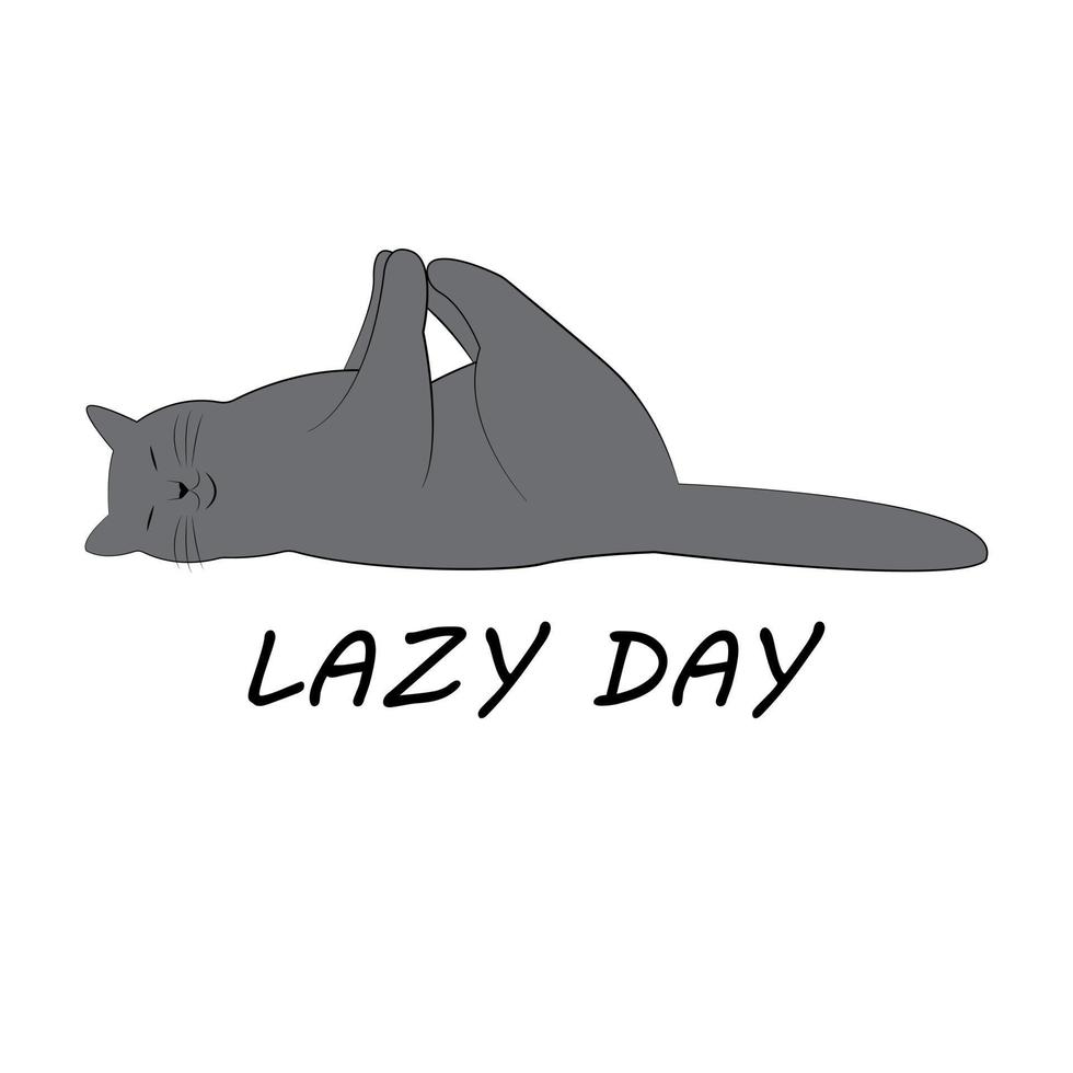 vektorillustration av en söt sovande grå katt med inskriptionen lazy day. tecknad figur. tryck för t-shirt, pyjamas, god natt, söta drömmar vektor