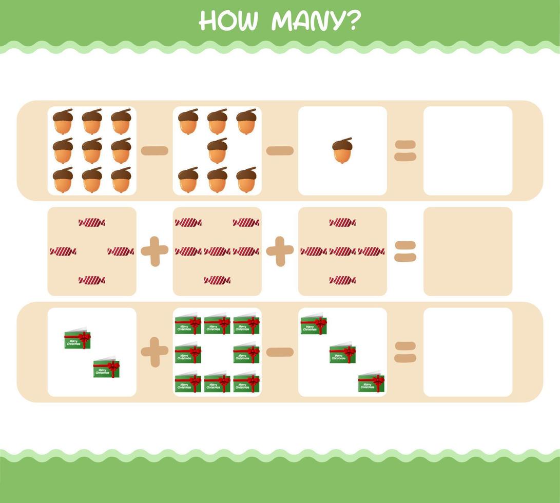 hur många tecknade jul. räknespel. pedagogiskt spel för barn och småbarn i förskoleåldern vektor
