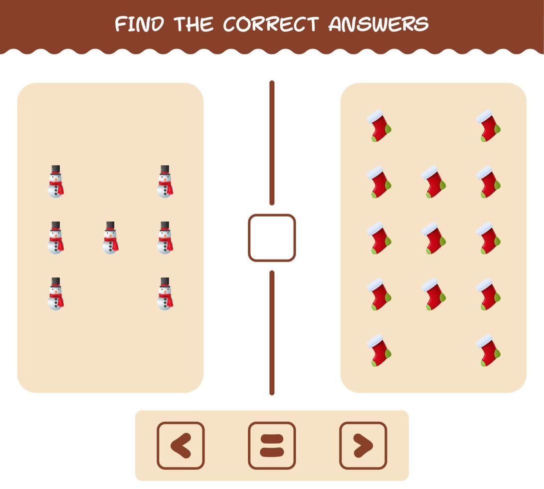 hitta de rätta svaren för tecknad jul. leta och räkna spel. pedagogiskt spel för barn och småbarn i förskoleåldern vektor