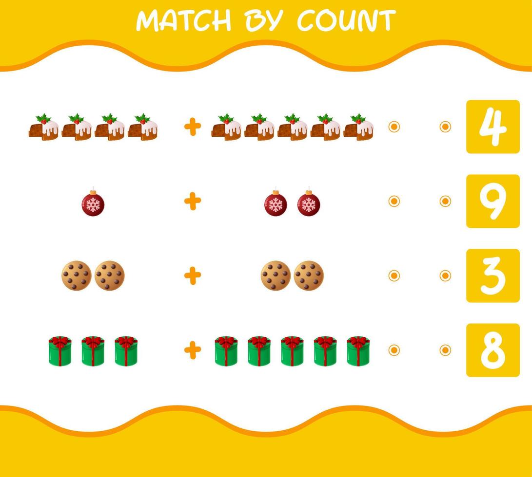 Übereinstimmung durch Anzahl von Cartoon-Weihnachten. . Match-and-Count-Spiel. Lernspiel für Kinder und Kleinkinder im Vorschulalter vektor