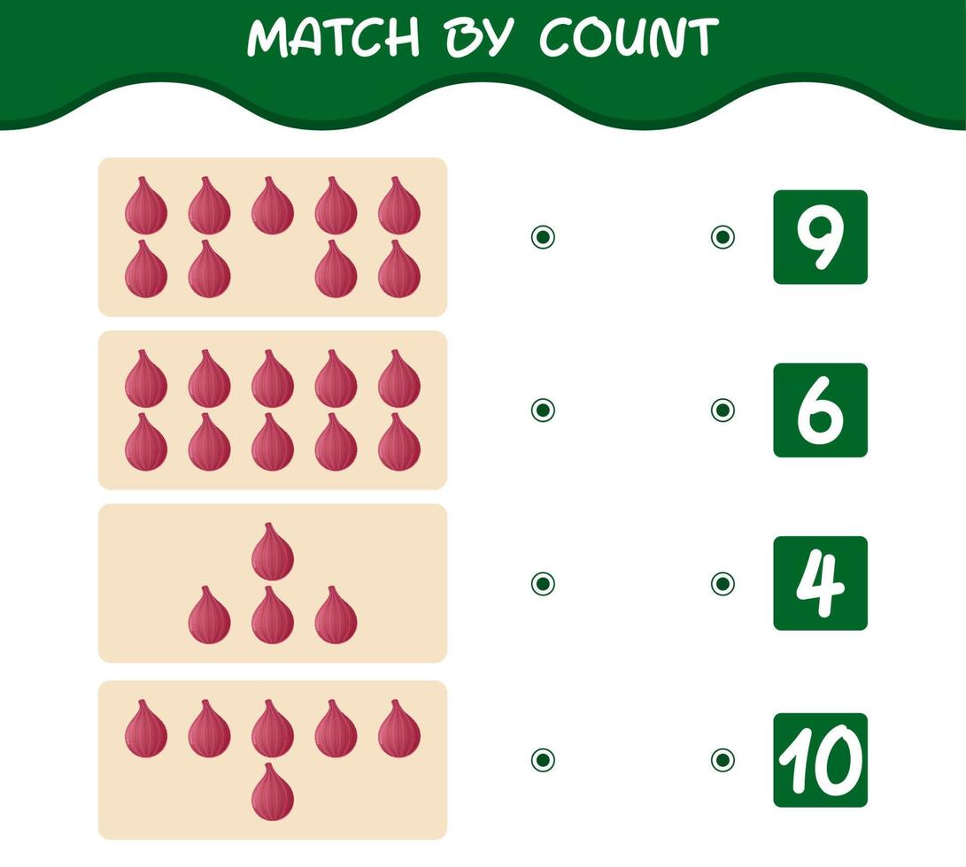 Übereinstimmung durch Zählung der roten Zwiebel der Karikatur. Match-and-Count-Spiel. Lernspiel für Kinder und Kleinkinder im Vorschulalter vektor