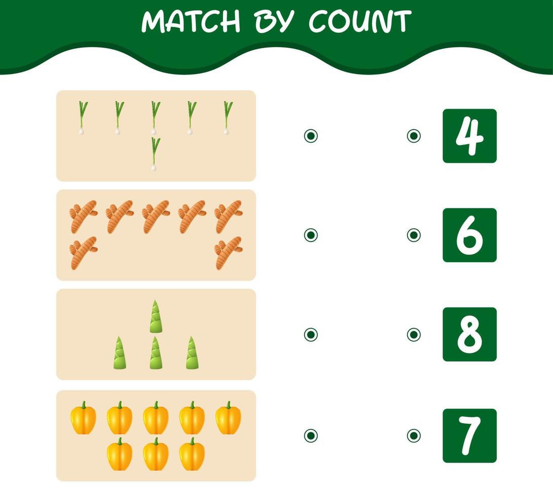 Übereinstimmung durch Anzahl von Cartoon-Gemüse. Match-and-Count-Spiel. Lernspiel für Kinder und Kleinkinder im Vorschulalter vektor