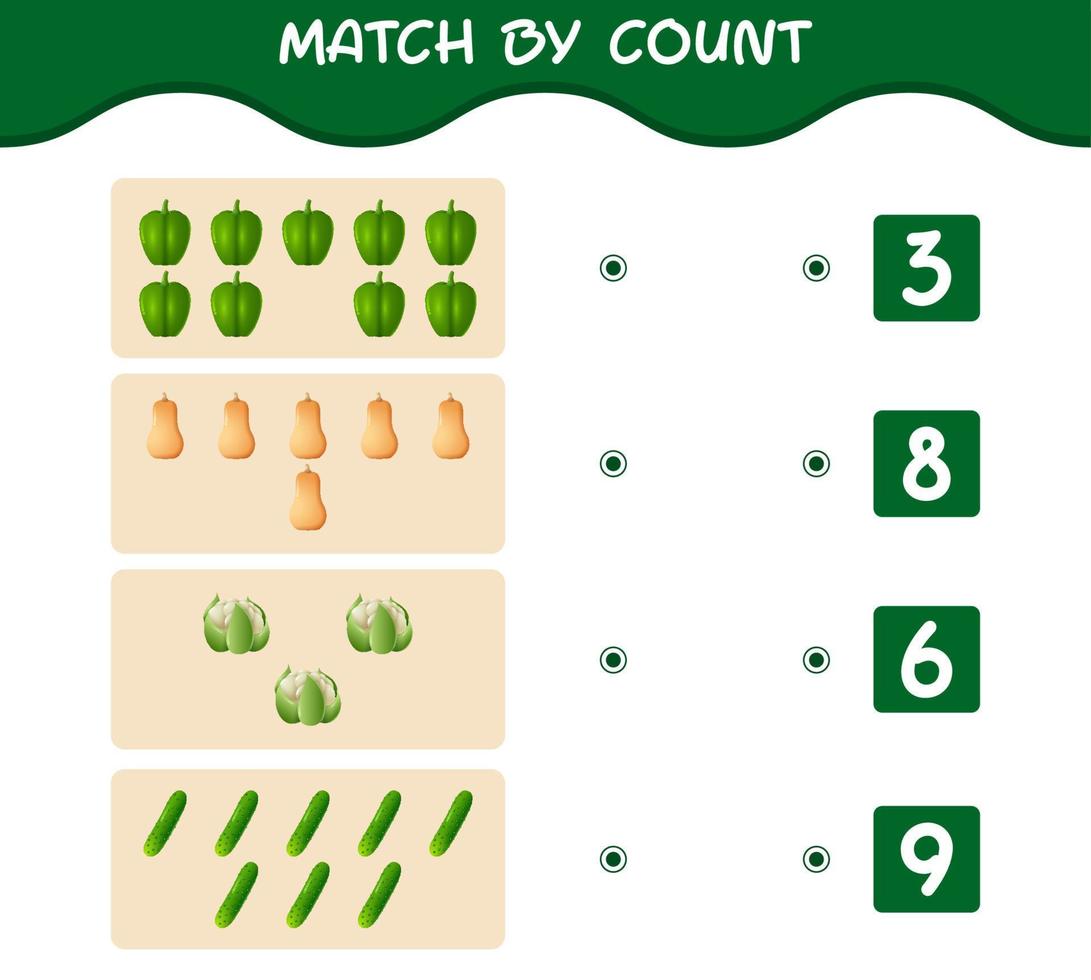 Übereinstimmung durch Anzahl von Cartoon-Gemüse. Match-and-Count-Spiel. Lernspiel für Kinder und Kleinkinder im Vorschulalter vektor