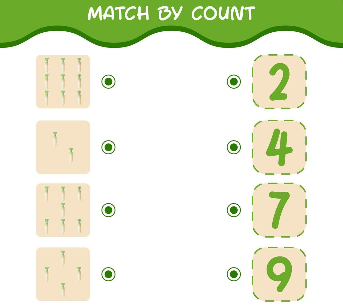 Übereinstimmung durch Anzahl von Cartoon-Daikon. Match-and-Count-Spiel. Lernspiel für Kinder und Kleinkinder im Vorschulalter vektor
