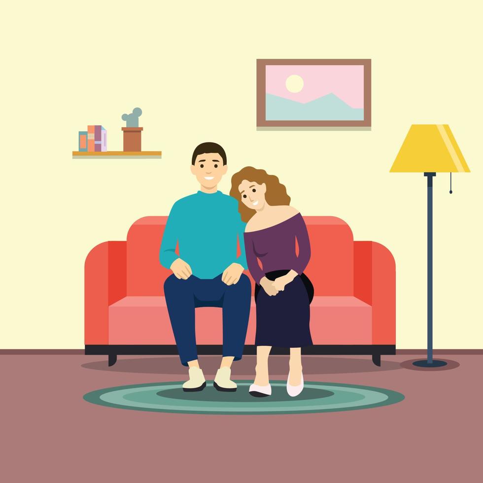 leende romantiska par hemma sitter på soffan. platt vektor illustration
