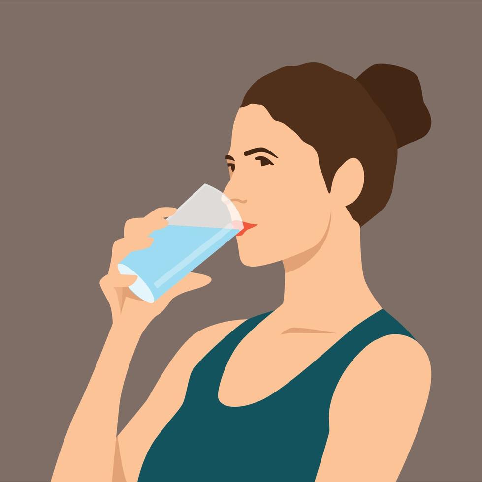 Frau trinkt Mineralwasser für die Gesundheit. Frau in guter Form in Sportbekleidung, groß, gesund, Pflege, Menschen, Lebensstil vektor