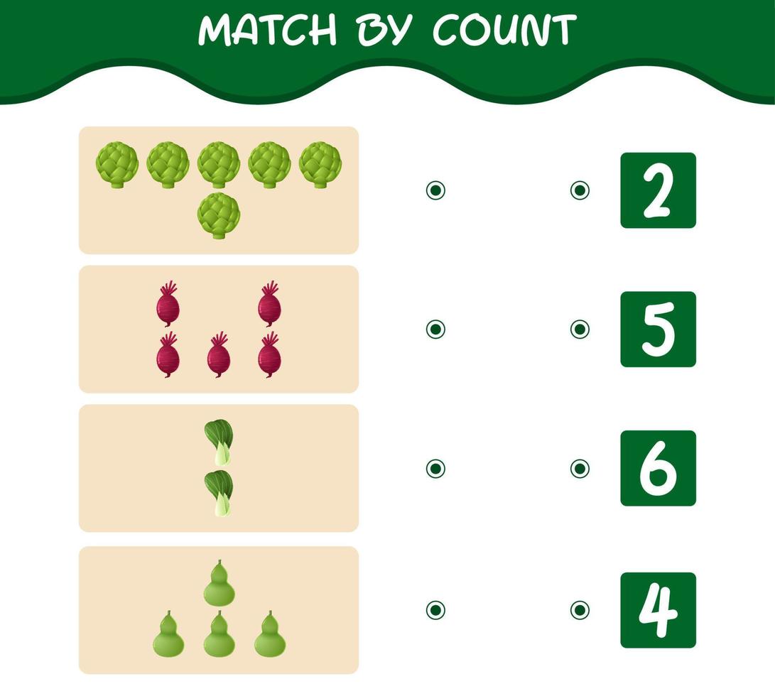 matcha efter antal tecknade grönsaker. match och räkna spel. pedagogiskt spel för barn och småbarn i förskoleåldern vektor