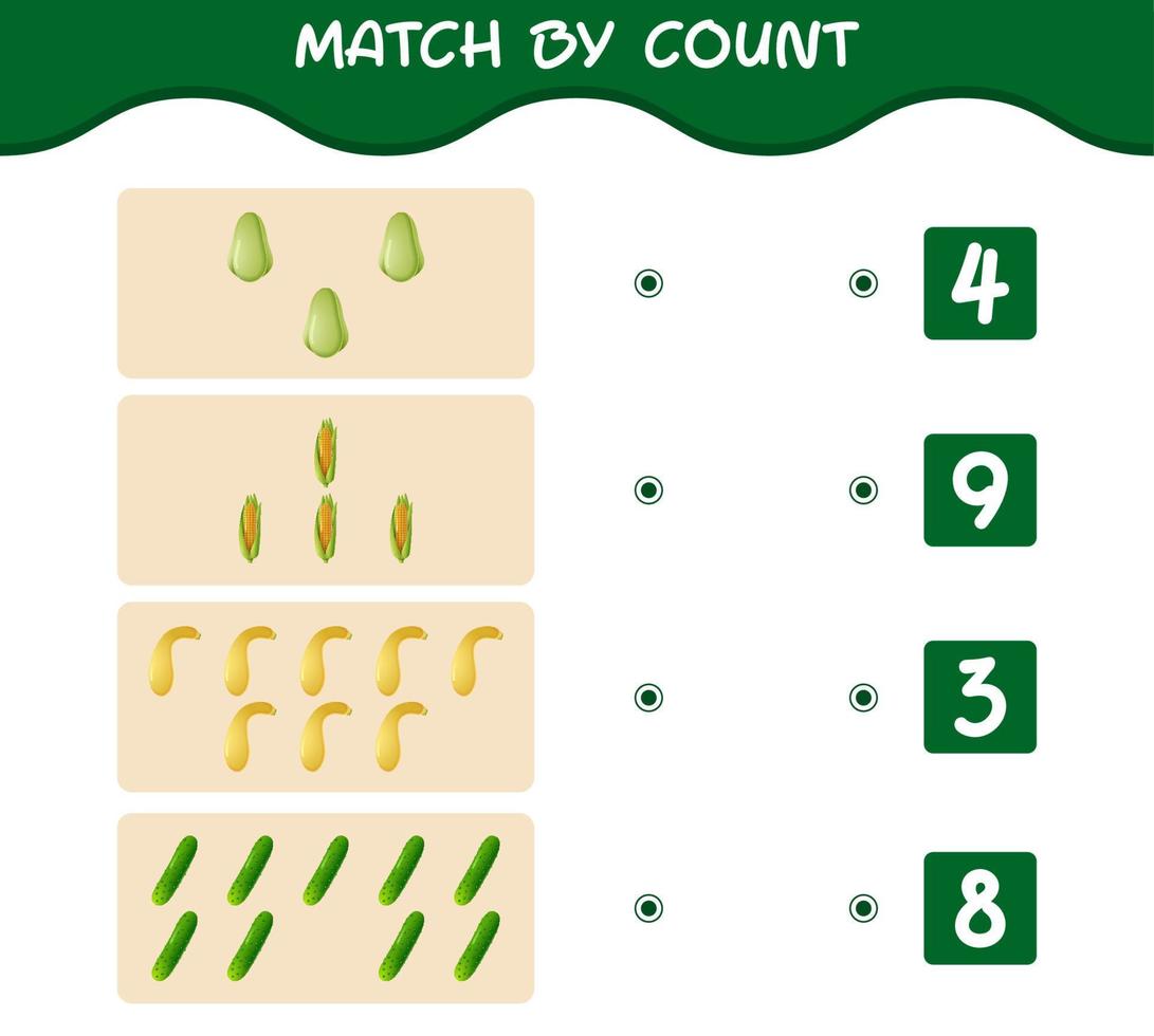 matcha efter antal tecknade grönsaker. match och räkna spel. pedagogiskt spel för barn och småbarn i förskoleåldern vektor