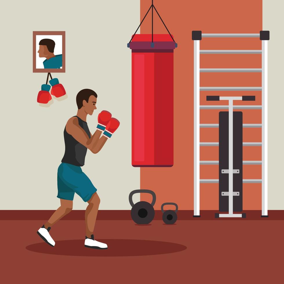 boxer üben boxübungen kämpfer in handschuhen trainieren auf ring arena fight club mit boxsäcken modernes fitnessstudio interieur gesundes lebensstilkonzept horizontal vektor