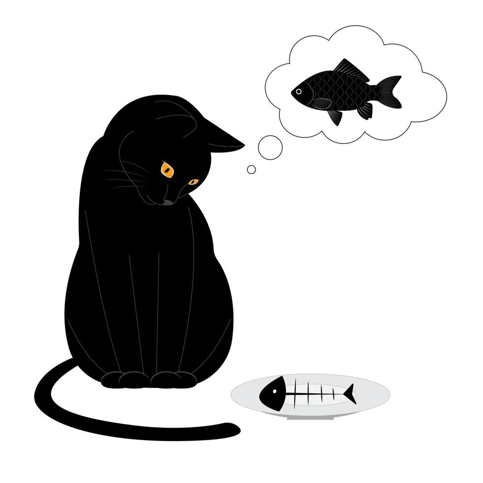 schwarze katze sitzt und schaut auf einen teller mit einem fischskelett. Eine hungrige Katze träumt von einem Fisch. die katze hat den fisch gefressen und sieht sich das skelett an. T-Shirt-Druck. Vektor-Illustration isoliert auf weißem Hintergrund vektor