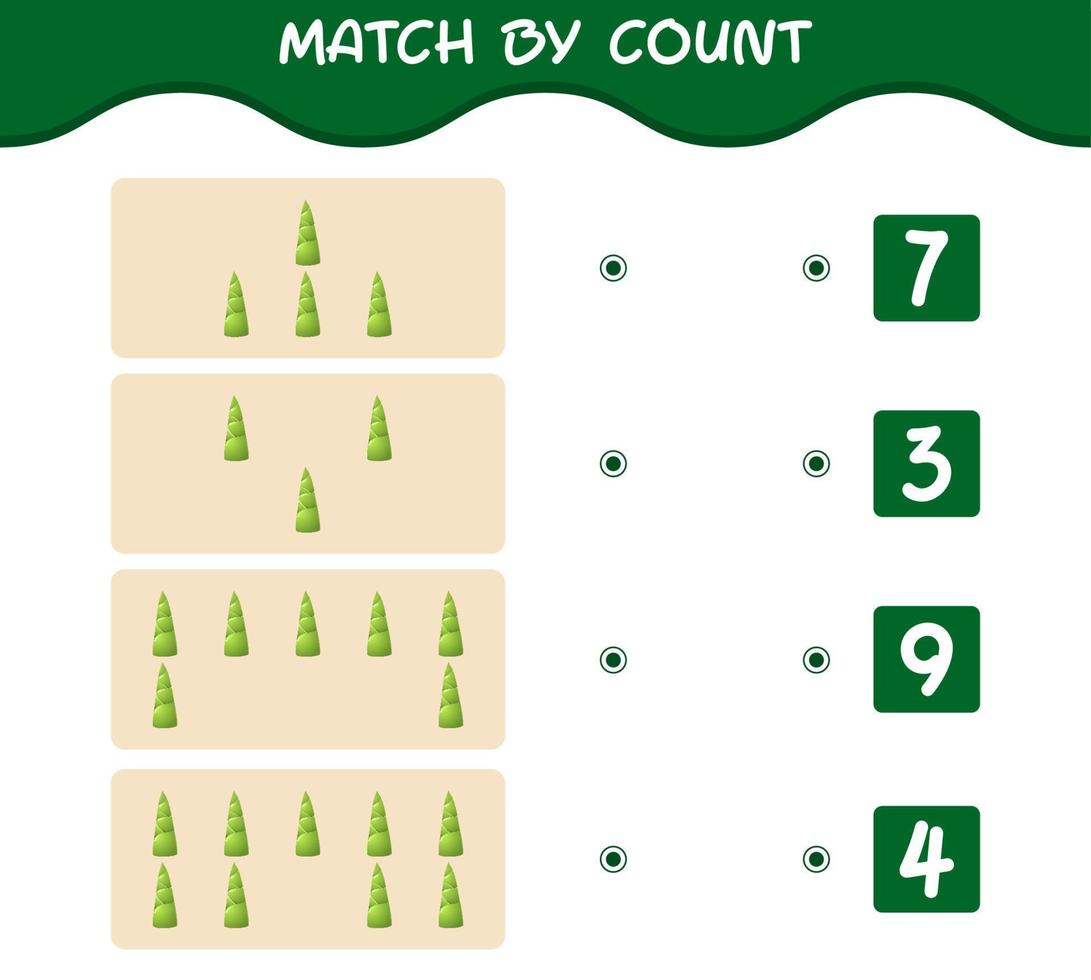Übereinstimmung durch Anzahl von Cartoon-Bambussprossen. Match-and-Count-Spiel. Lernspiel für Kinder und Kleinkinder im Vorschulalter vektor