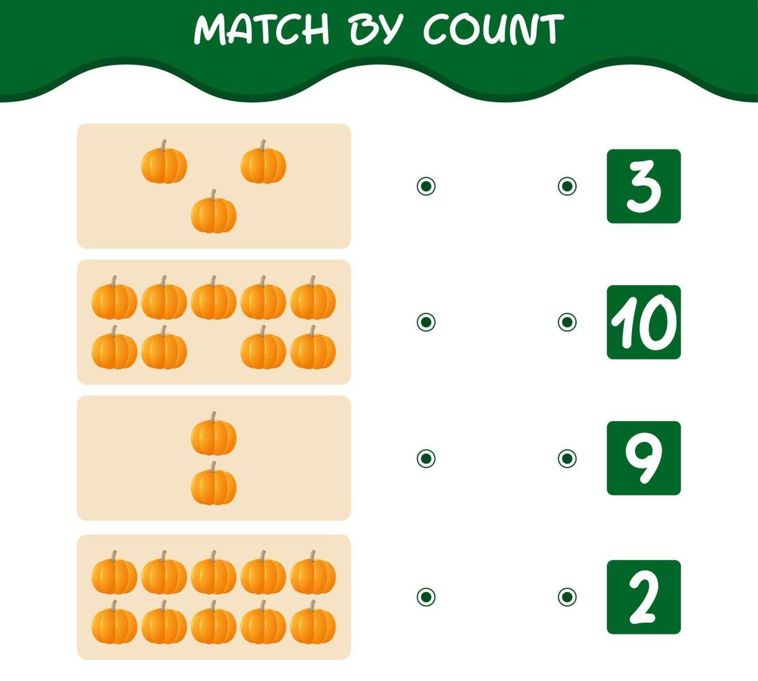 Übereinstimmung durch Anzahl von Cartoon-Kürbis. Match-and-Count-Spiel. Lernspiel für Kinder und Kleinkinder im Vorschulalter vektor