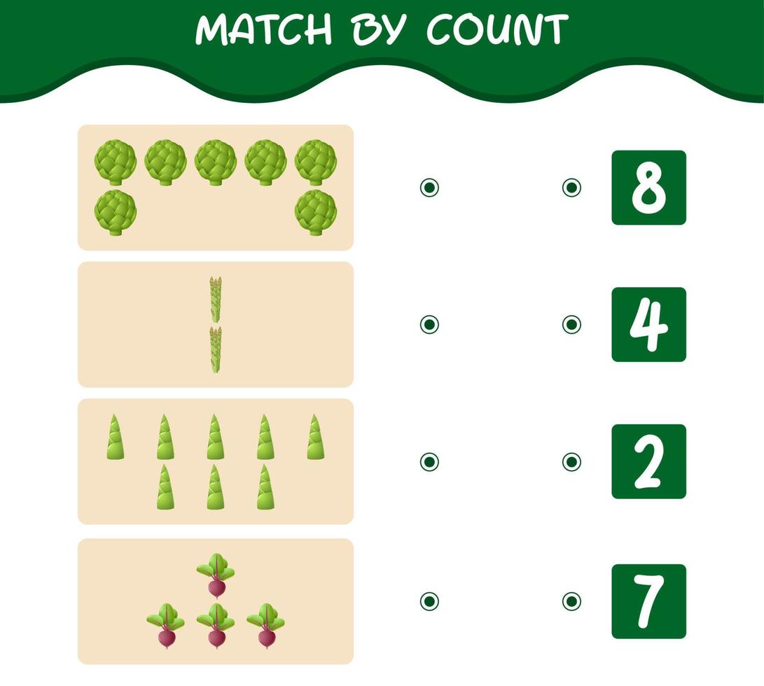 Übereinstimmung durch Anzahl von Cartoon-Gemüse. Match-and-Count-Spiel. Lernspiel für Kinder und Kleinkinder im Vorschulalter vektor