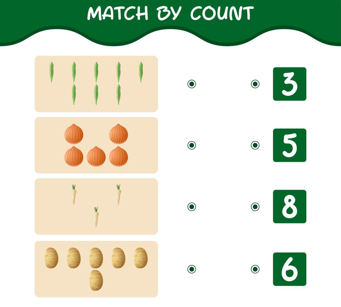 matcha efter antal tecknade grönsaker. match och räkna spel. pedagogiskt spel för barn och småbarn i förskoleåldern vektor