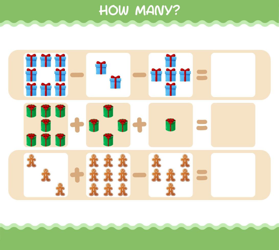 hur många tecknade jul. räknespel. pedagogiskt spel för barn och småbarn i förskoleåldern vektor