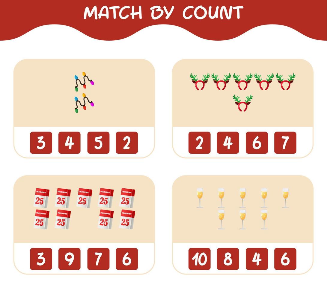 Übereinstimmung durch Anzahl von Cartoon-Weihnachten. . Match-and-Count-Spiel. Lernspiel für Kinder und Kleinkinder im Vorschulalter vektor