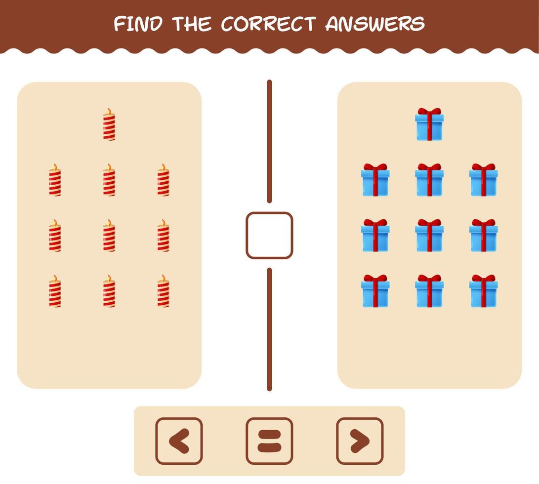 hitta de rätta svaren för tecknad jul. leta och räkna spel. pedagogiskt spel för barn och småbarn i förskoleåldern vektor