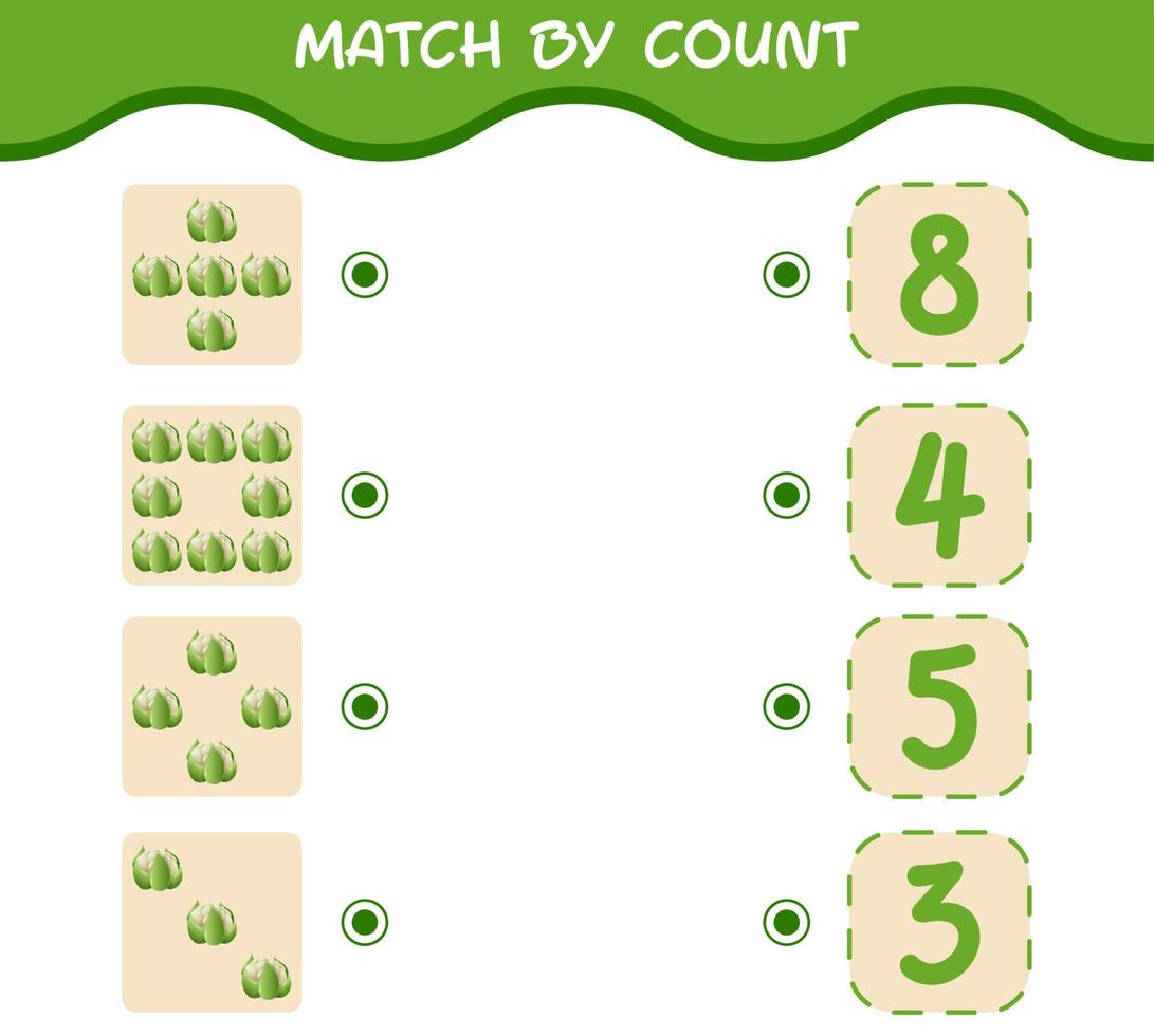 matcha efter antal av tecknad blomkål. match och räkna spel. pedagogiskt spel för barn och småbarn i förskoleåldern vektor