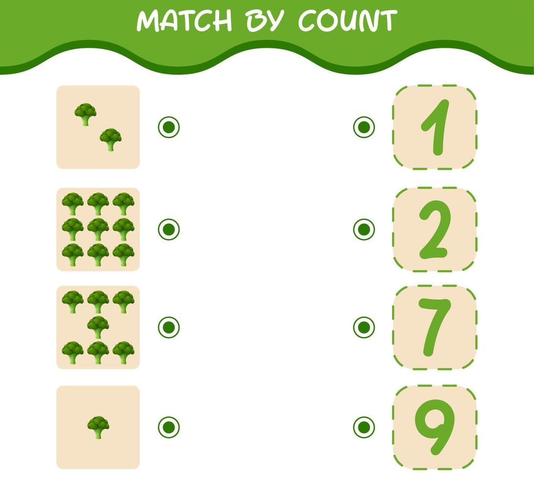 Übereinstimmung durch Anzahl von Cartoon-Brokkoli. Match-and-Count-Spiel. Lernspiel für Kinder und Kleinkinder im Vorschulalter vektor
