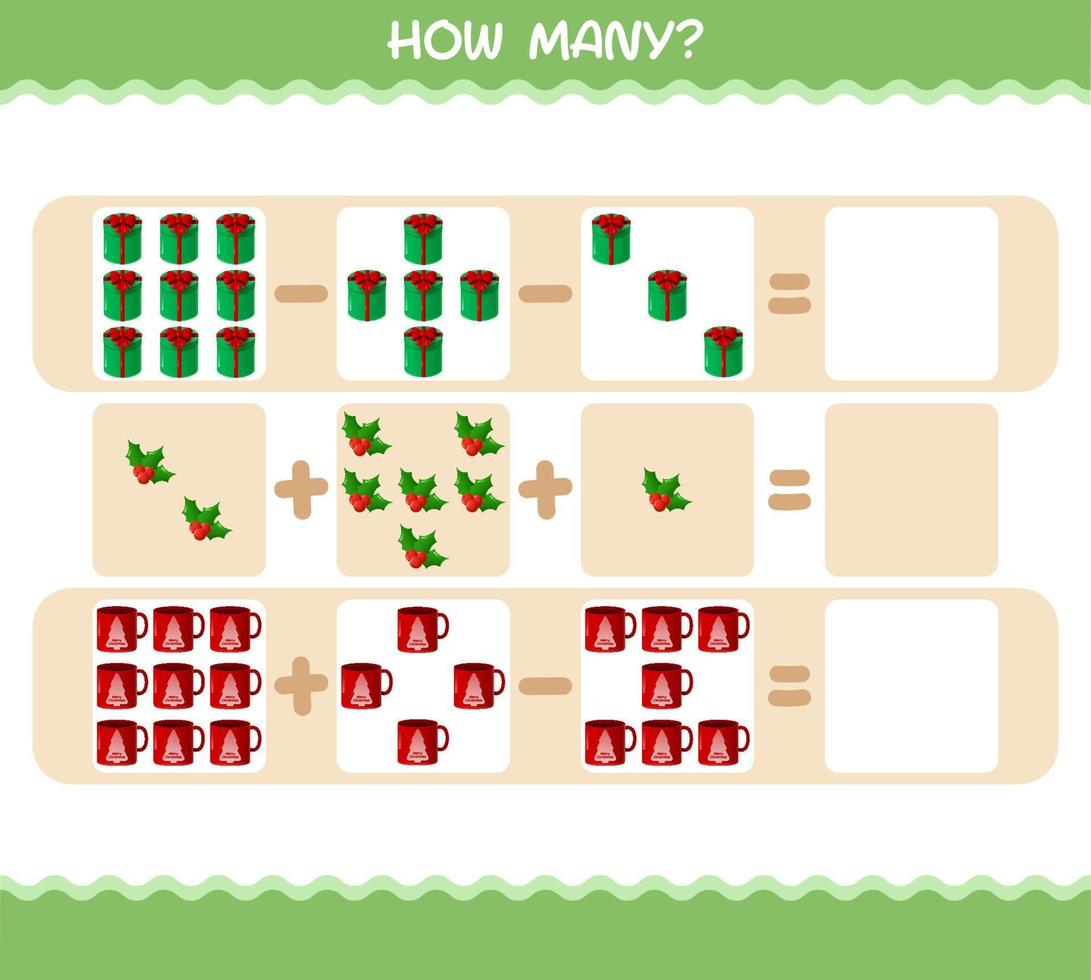 hur många tecknade jul. räknespel. pedagogiskt spel för barn och småbarn i förskoleåldern vektor