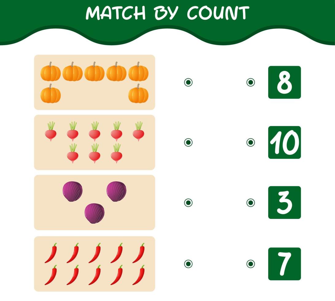matcha efter antal tecknade grönsaker. match och räkna spel. pedagogiskt spel för barn och småbarn i förskoleåldern vektor